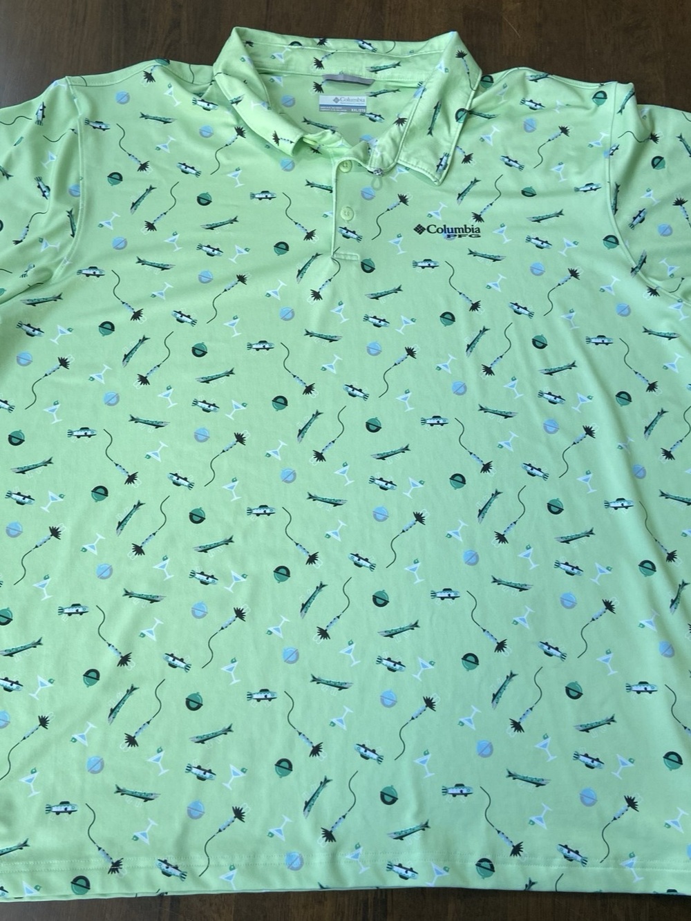 Columbia PFG Polo Shirt Mens XXL Green Fish Cocktails Omni Shade Fishing SS